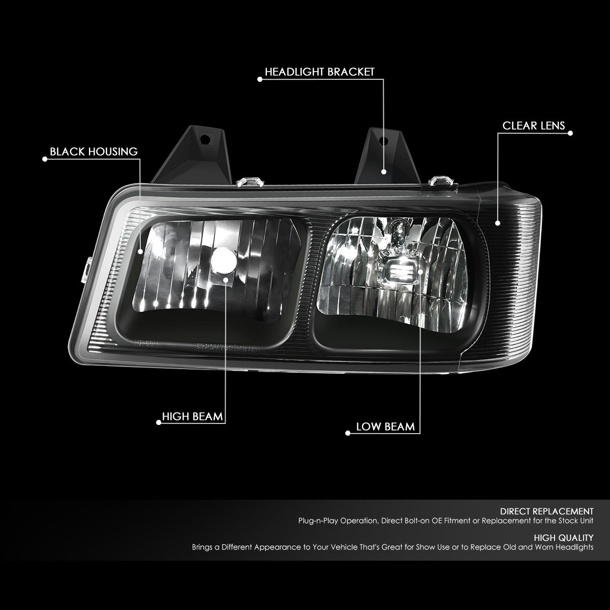 Left Factory Replacement Headlight (Black) <br>03-23 Chevy Express, GMC Savana