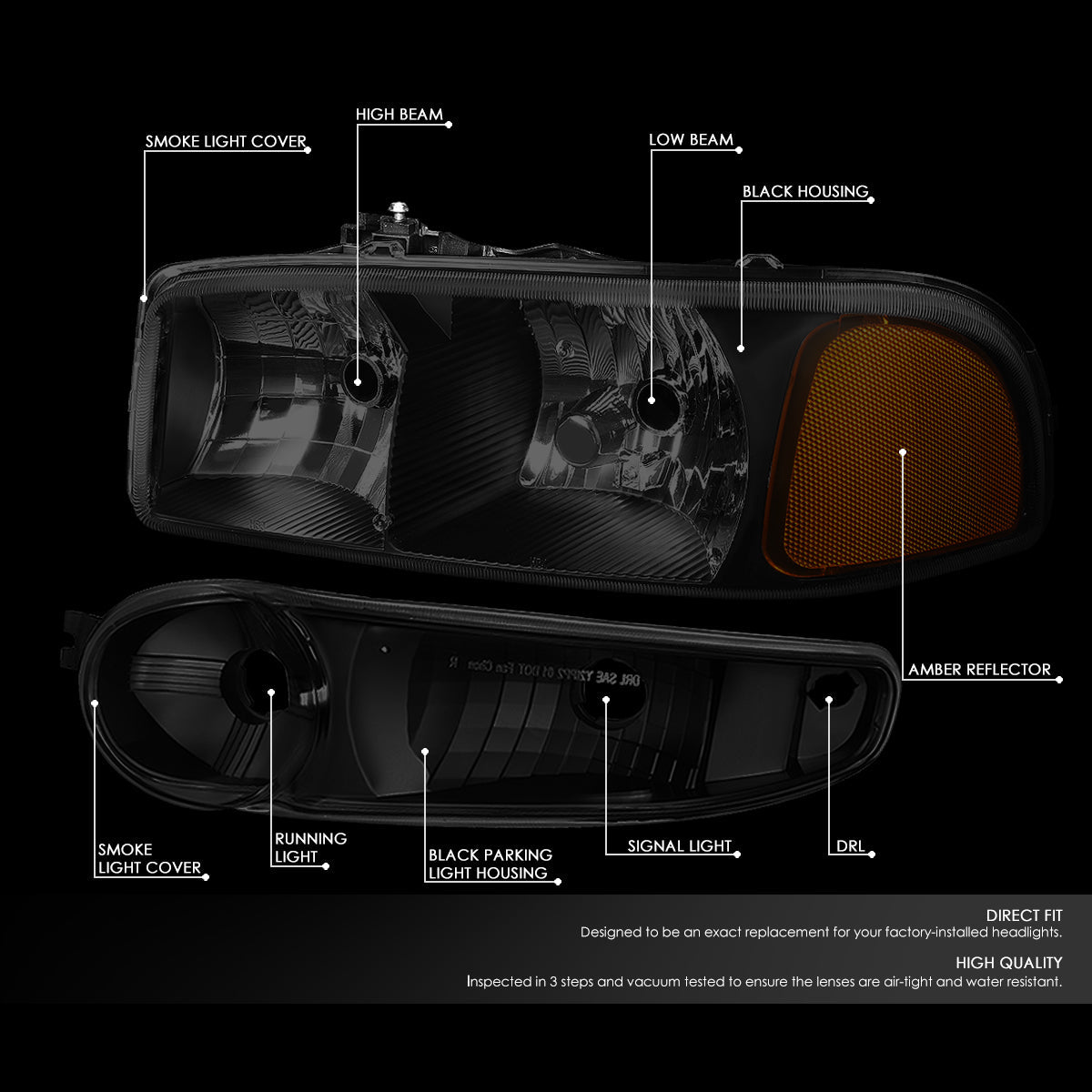 Factory Style Headlights <br>01-06 Sierra Yukon XL 1500, Denali (Smoke / Black / Amber)