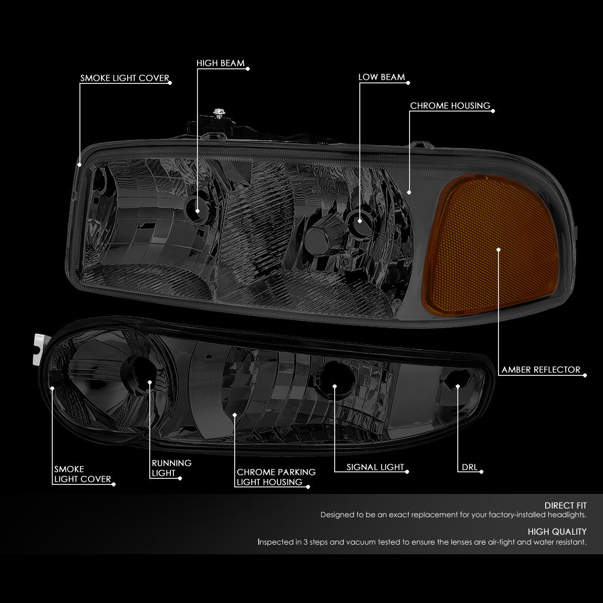 Factory Style Headlights <br>01-06 Sierra Yukon XL 1500, Denali (Smoke / Chrome / Amber))