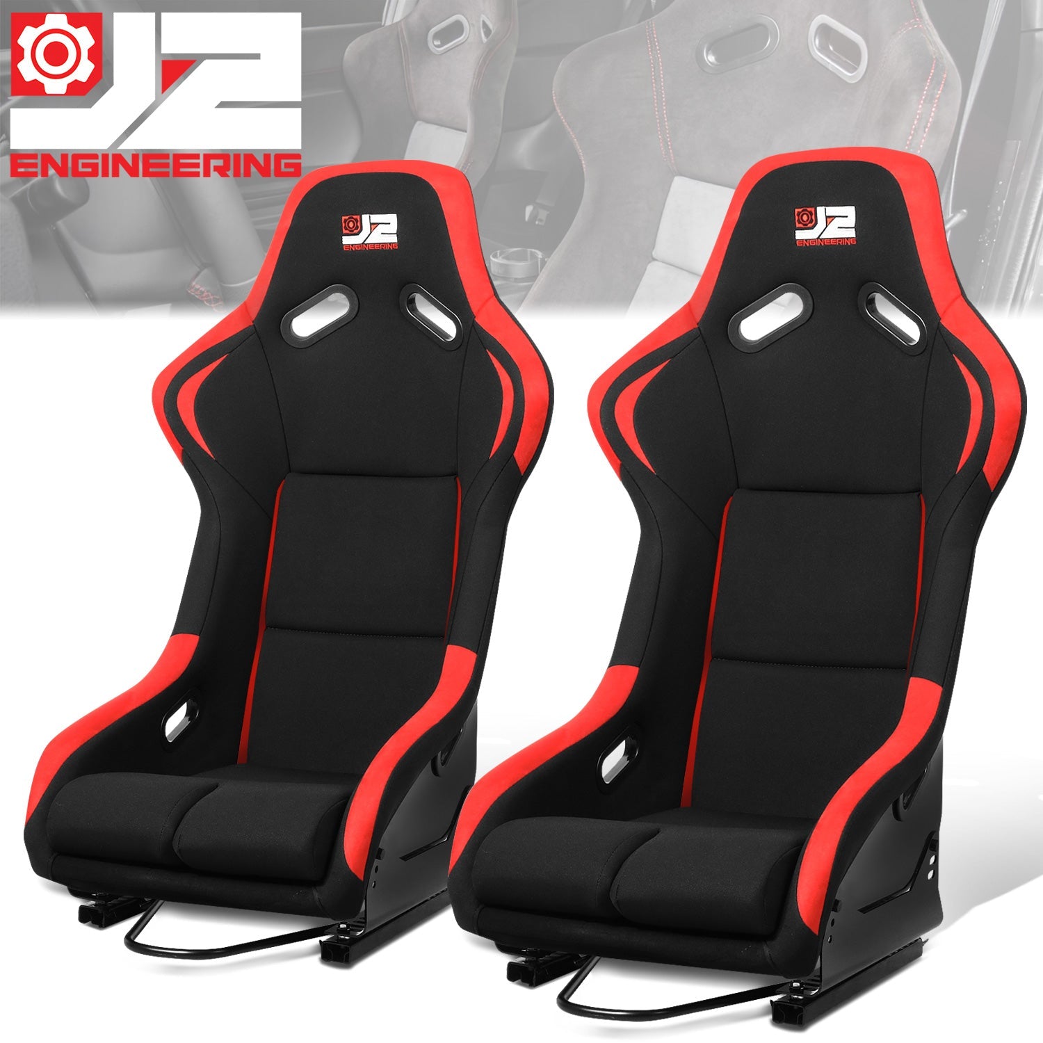 2 Pcs Red Fabric Bucket Racing Seats w/ Mount Brackets+Sliders