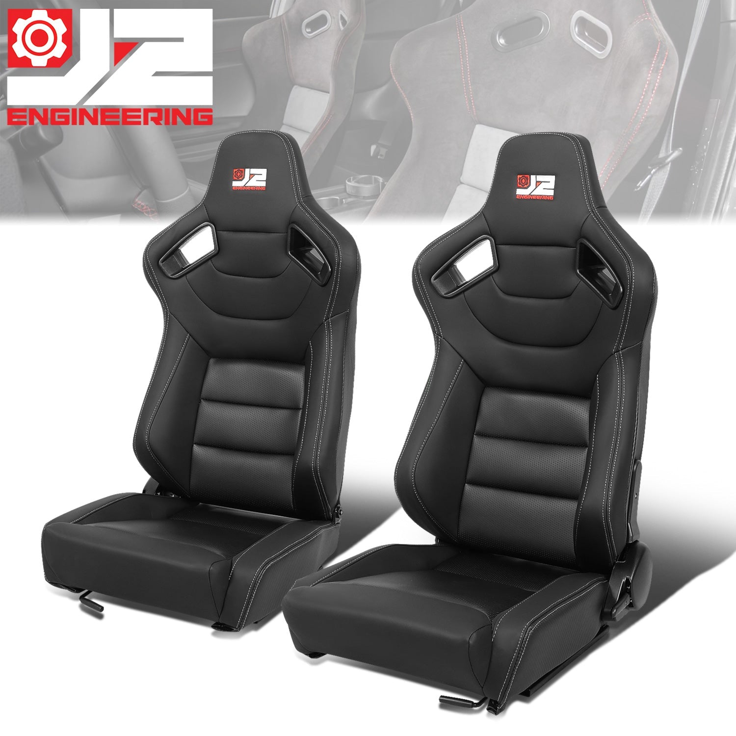 2Pcs Black Synthetic Leather Racing Bucket Seats w/Mount Brackets+Sliders