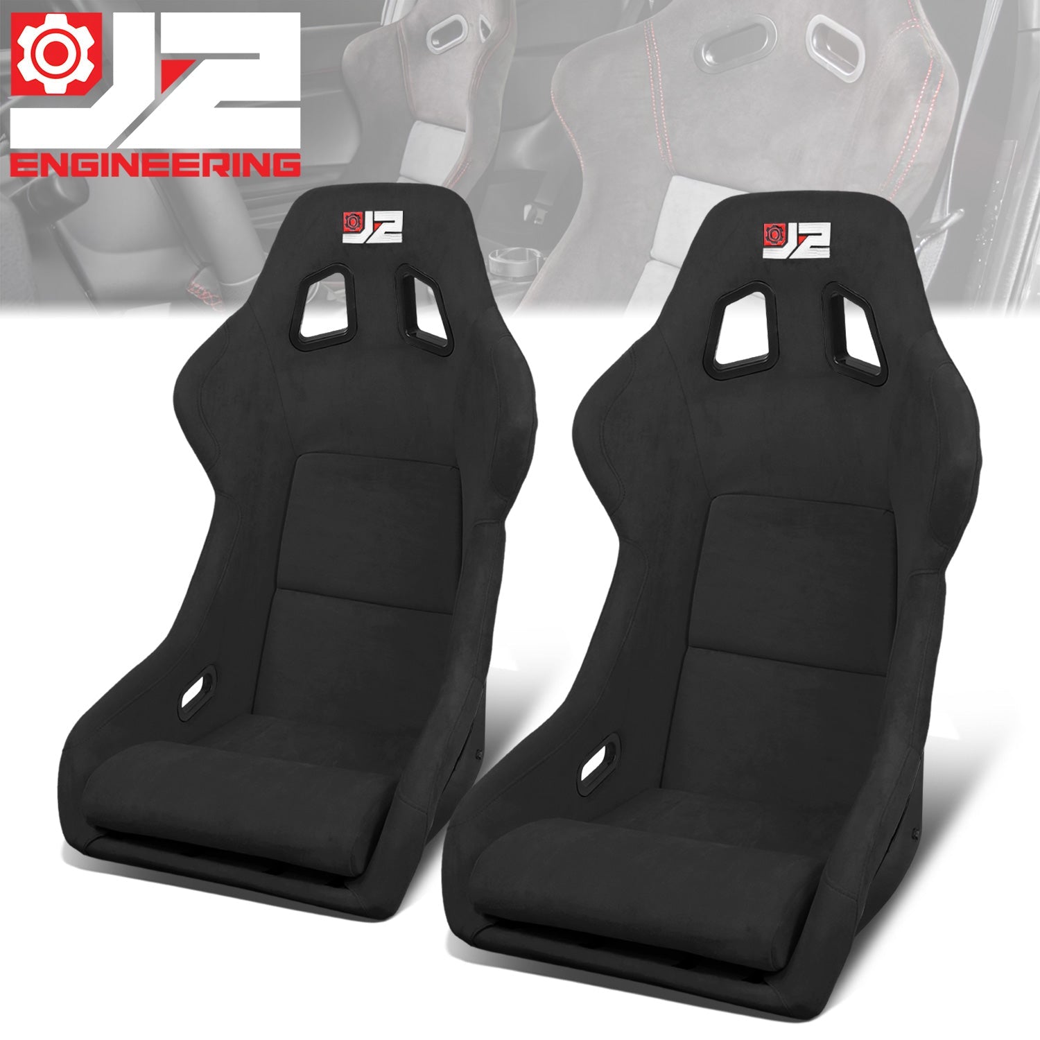 2Pcs Black Microfiber Suede Large Racing Bucket Seats w/ Mount Brackets+Sliders