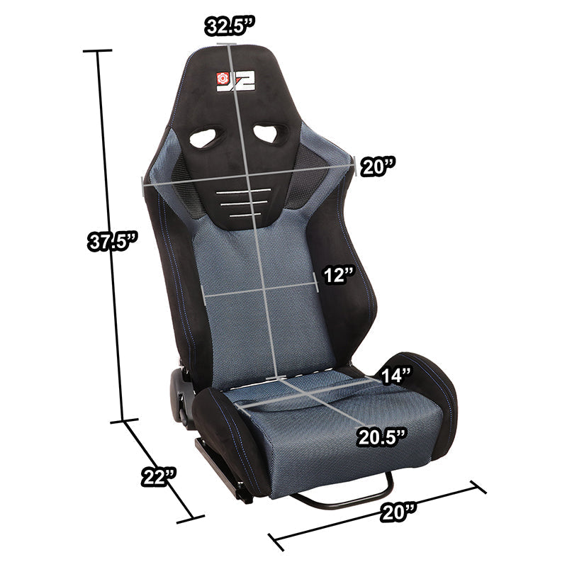 2Pcs Blue Microfiber Suede Reclinable Racing Bucket Seat w/ Sliders