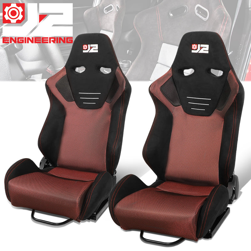 2Pcs Red Microfiber Suede Reclinable Racing Bucket Seat w/ Sliders