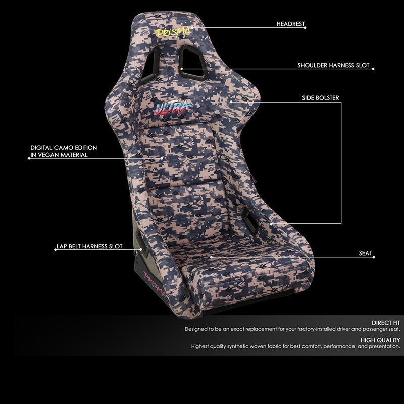 Grey Camo Fiberglass Vegan Satin Bucket Racing Seat - FRP-302-STORM