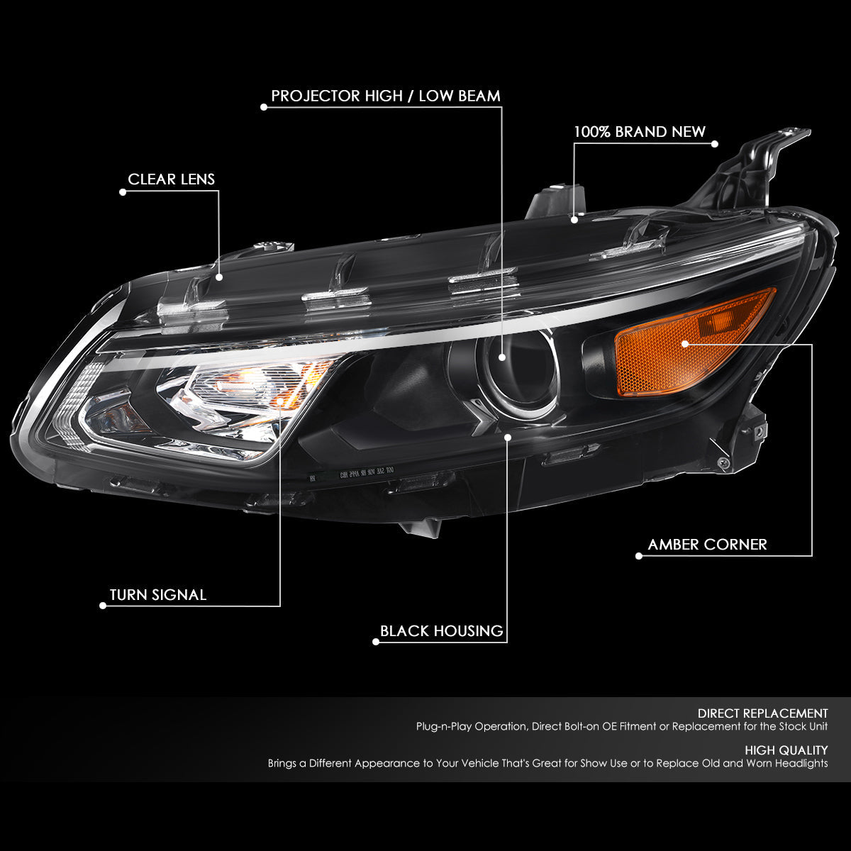 Factory Style Projector Headlight (Left) <br>16-18 Chevy Malibu