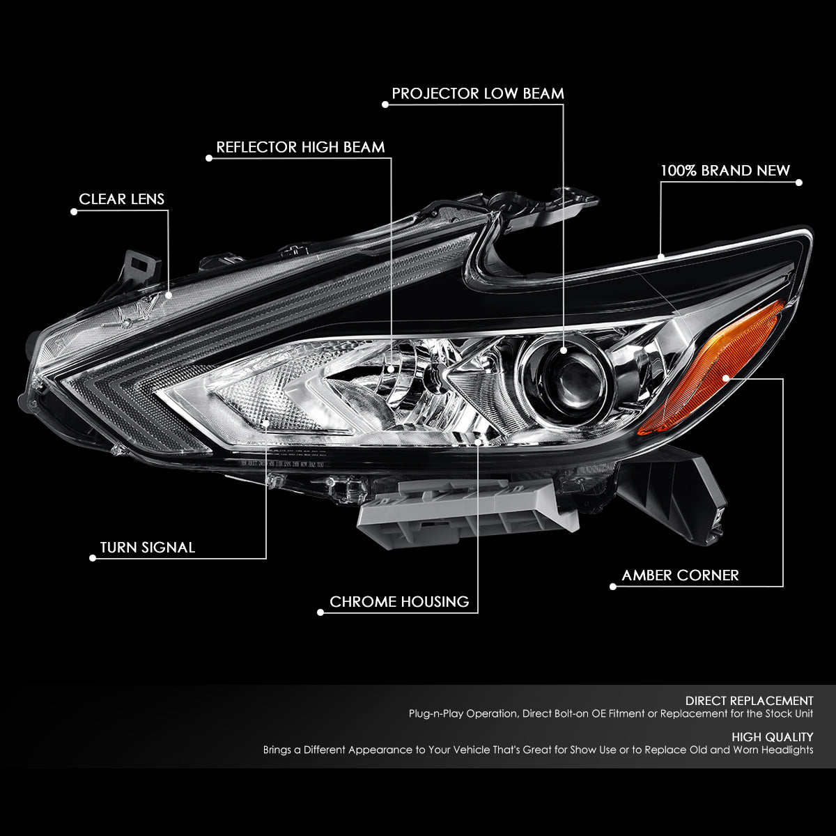 Factory Style Projector Headlight (Left) <br>16-18 Nissan Altima