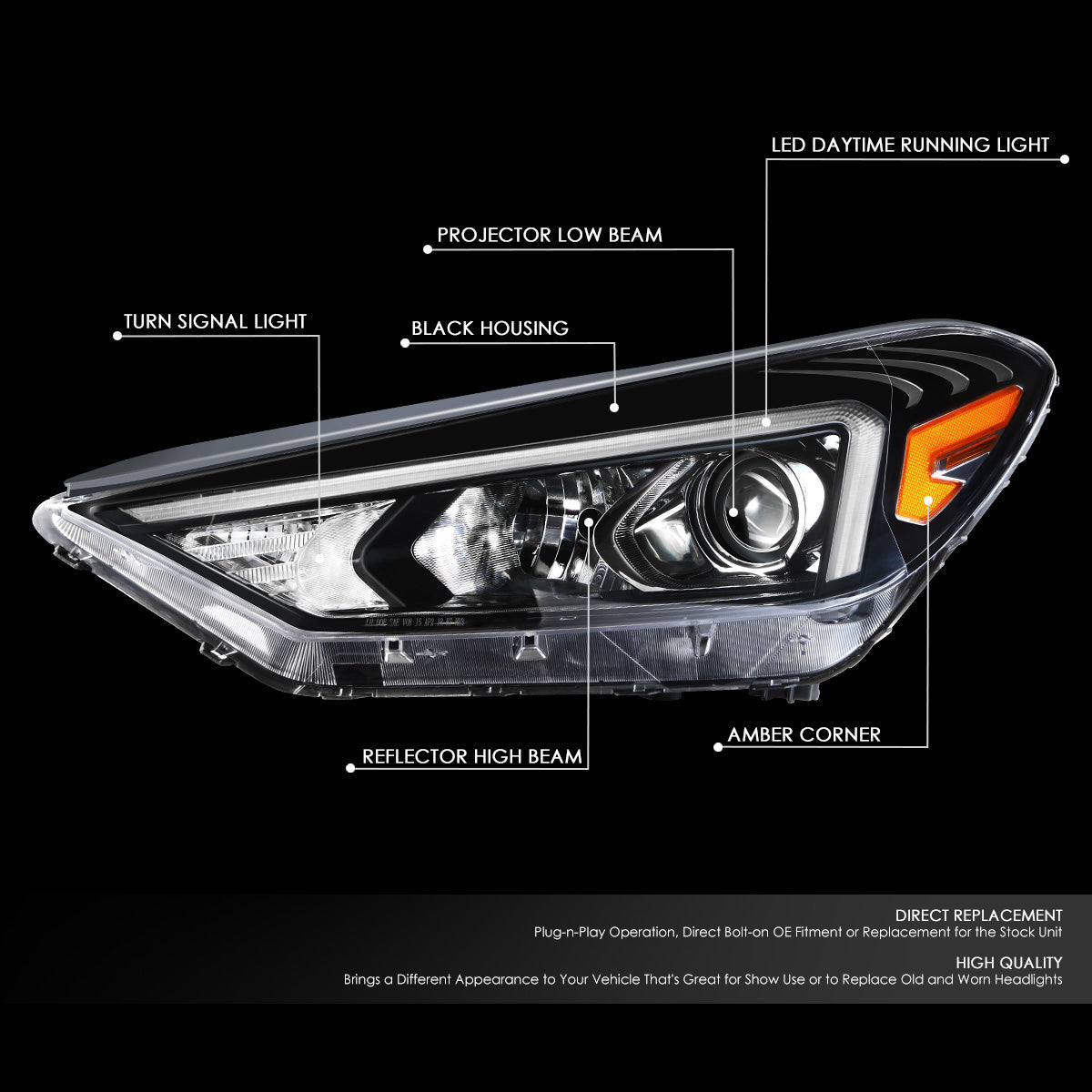 LED DRL Projector Headlight (Left) <br>19-21 Hyundai Tucson