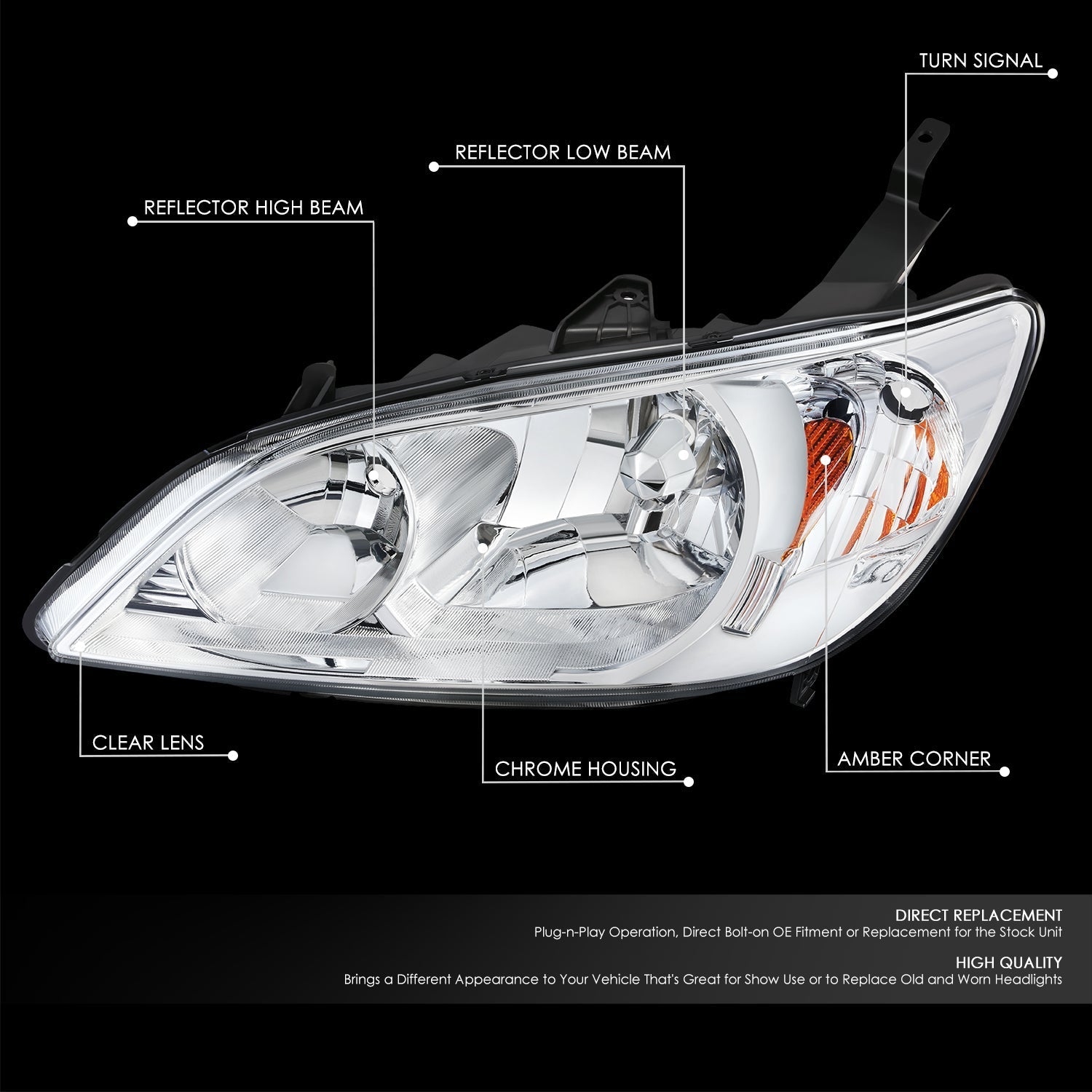 Factory Style Headlight (Left) <br>04-05 Honda Civic Coupe/Sedan