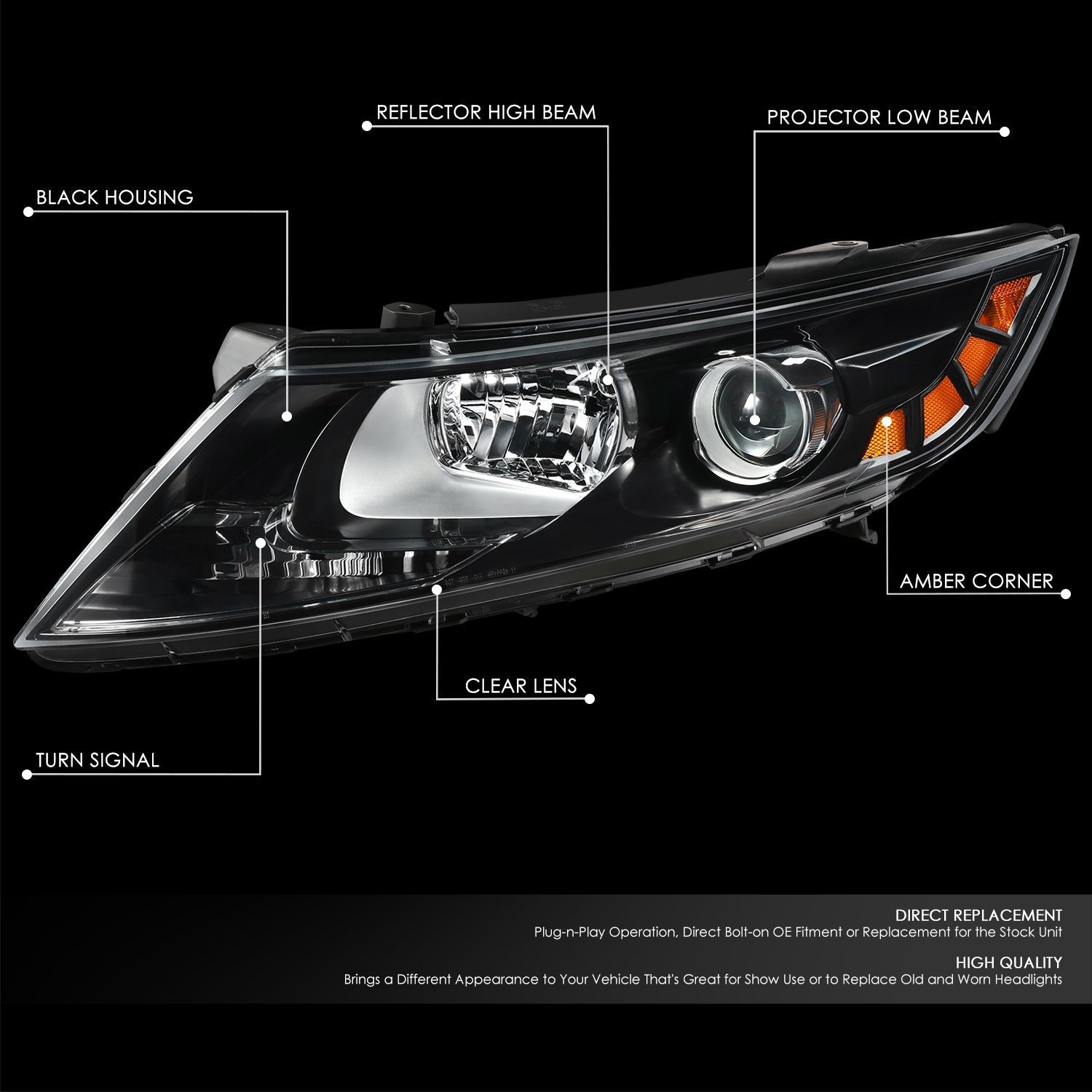 Factory Style Projector Headlight (Left) <br>11-13 Kia Optima (Korean Made Models)