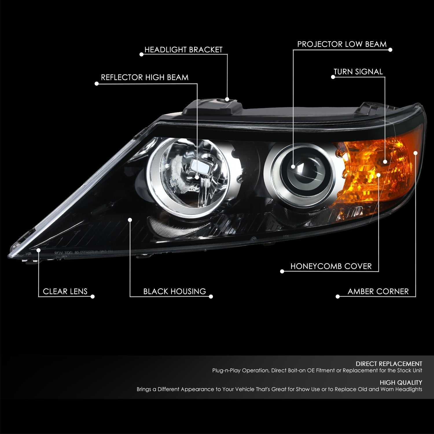 Factory Style Projector Headlight (Left) <br>11-13 Kia Sorento