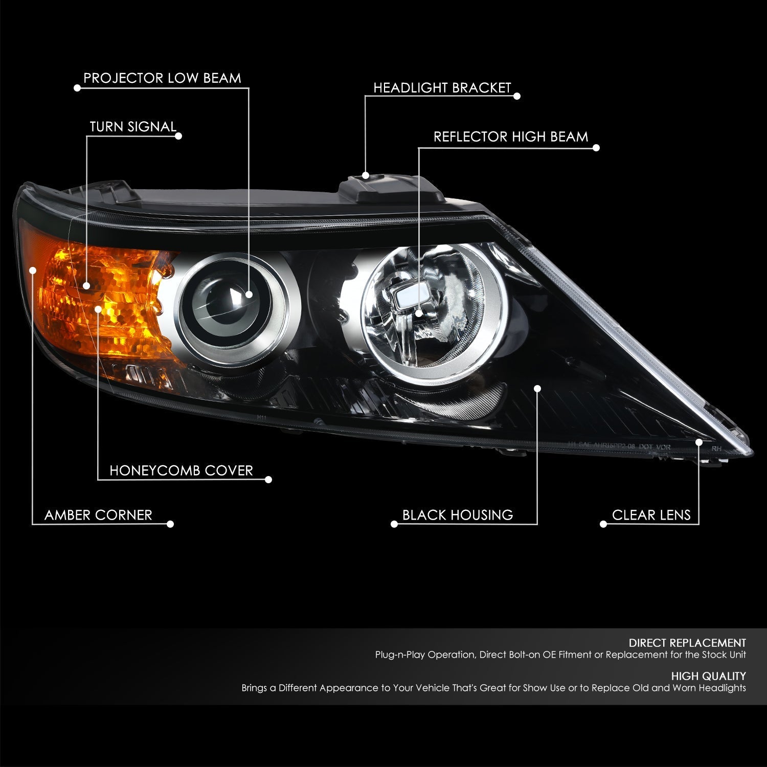 Factory Style Projector Headlight (Right) <br>11-13 Kia Sorento