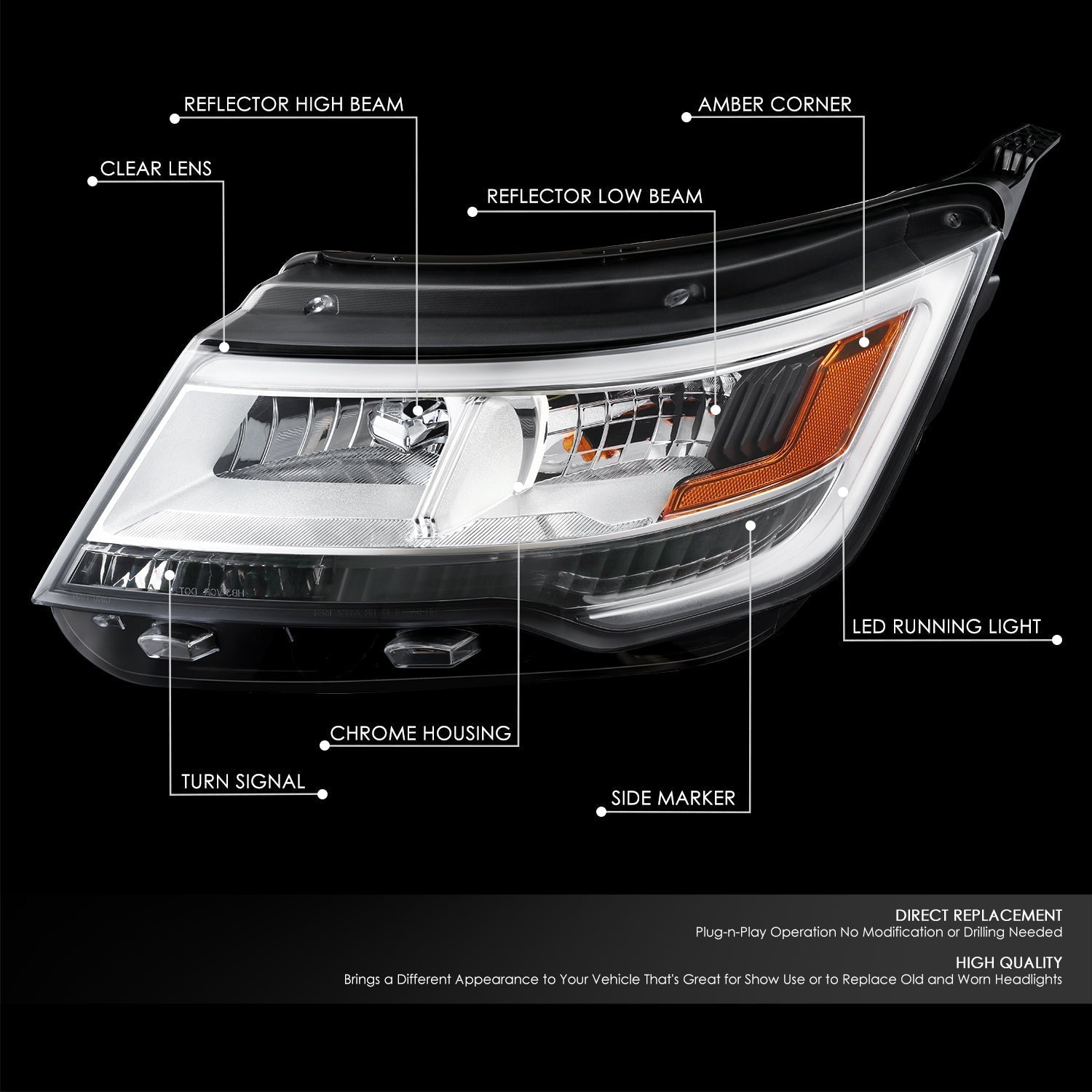 LED DRL Headlight (Left) <br>16-18 Ford Explorer