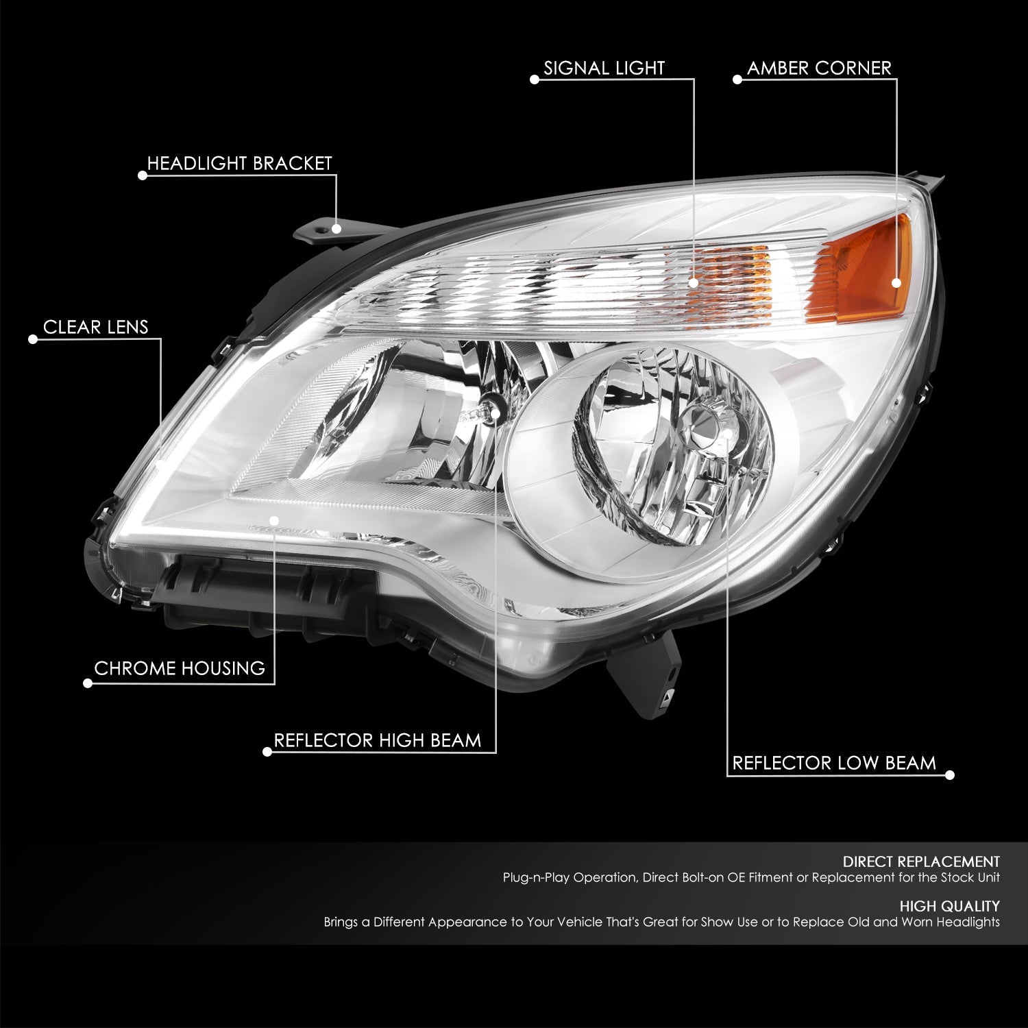 Factory Style Headlight (Left) <br> 10-15 Chevy Equinox