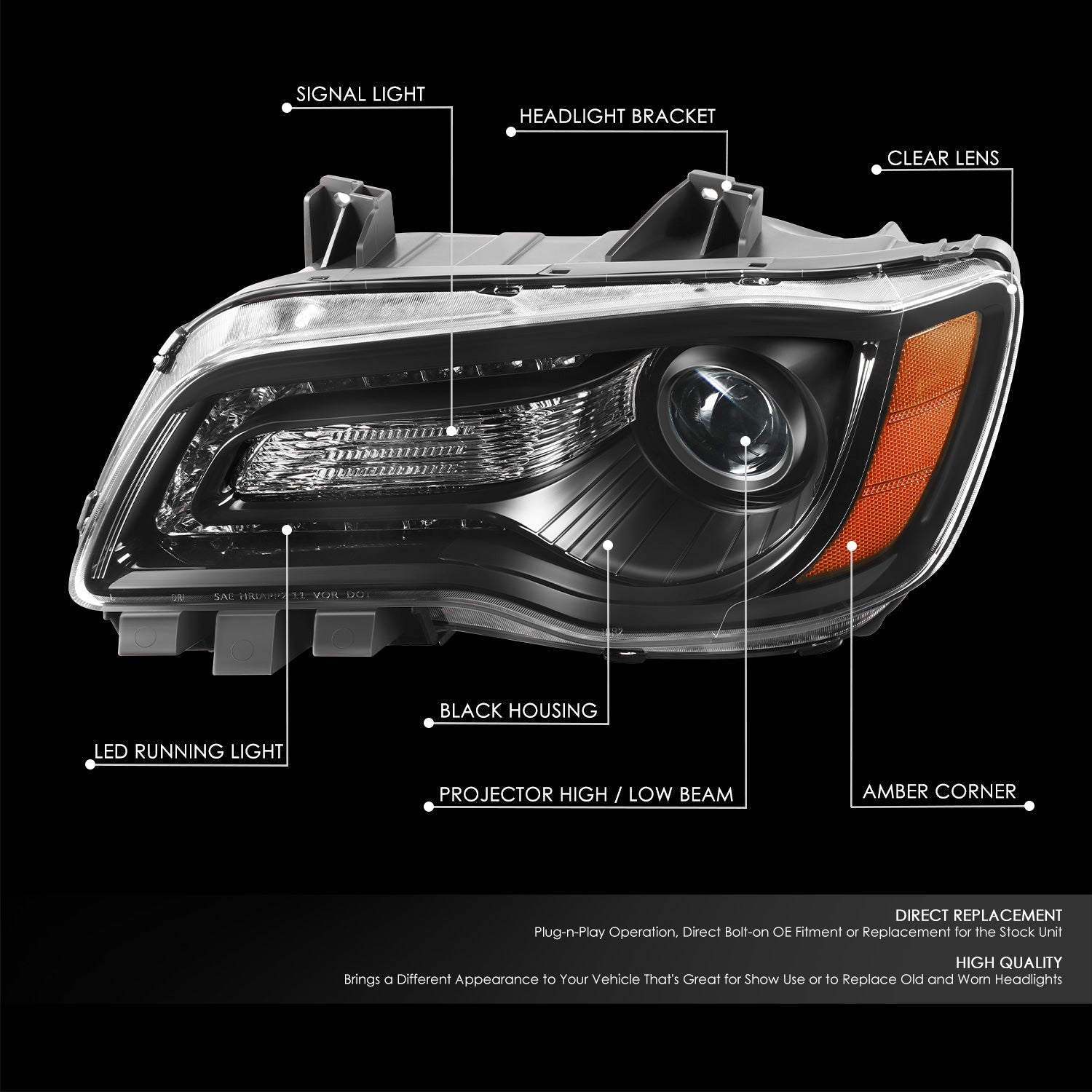 LED DRL Projector Headlight (Left) <br>11-14 Chrysler 300