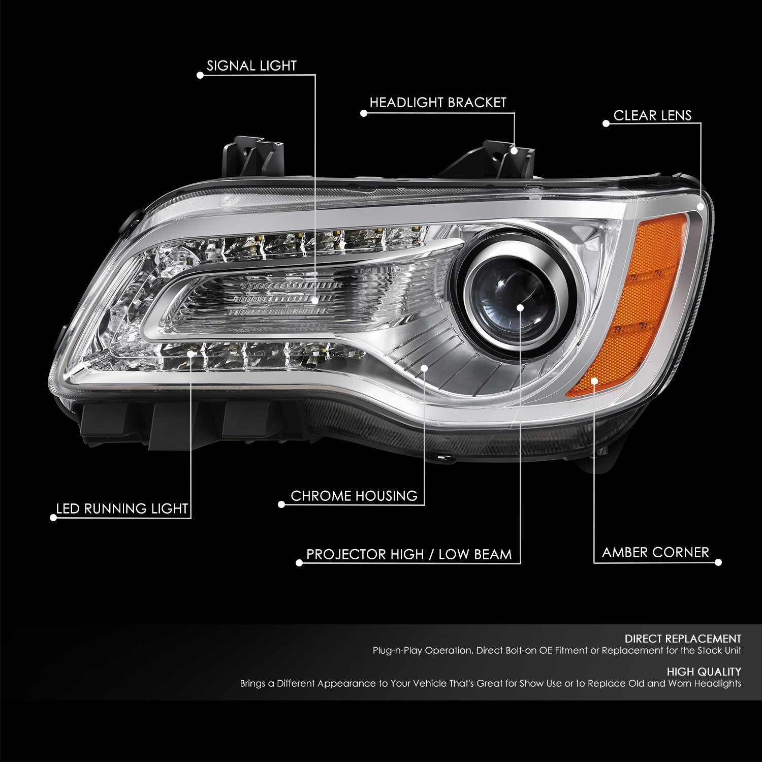 LED DRL Projector Headlight (Left) <br>11-14 Chrysler 300