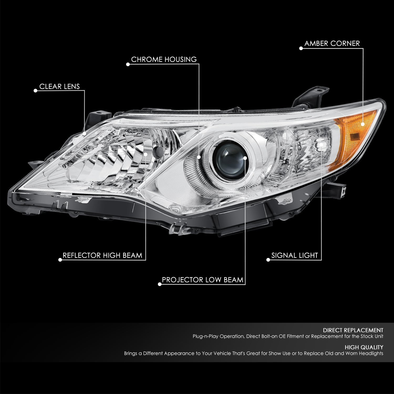 Factory Style Projector Headlight (Left) <br> 12-14 Toyota Camry