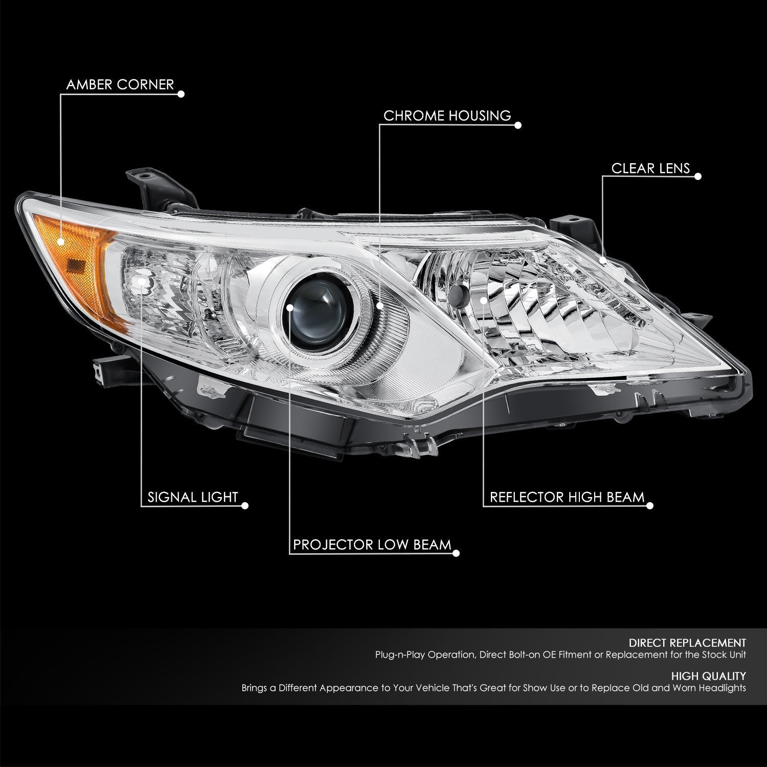 Factory Style Projector Headlight (Right) <br> 12-14 Toyota Camry