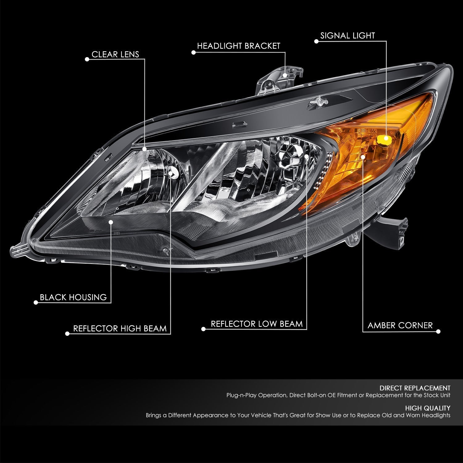 Factory Style Headlight (Left) <br>14-15 Honda Civic Coupe