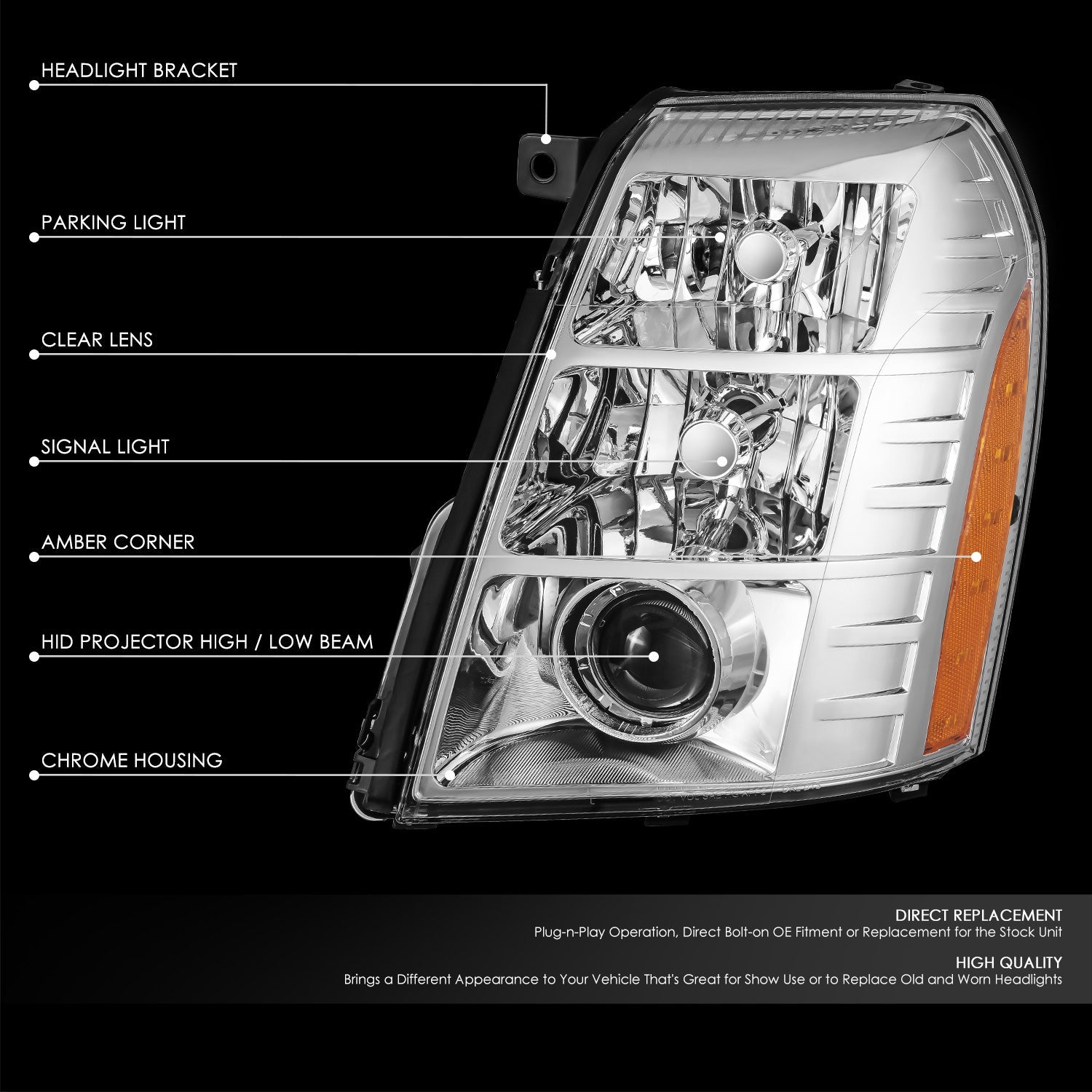 Factory Style Projector Headlight (Left) <br>07-09 Cadillac Escalade