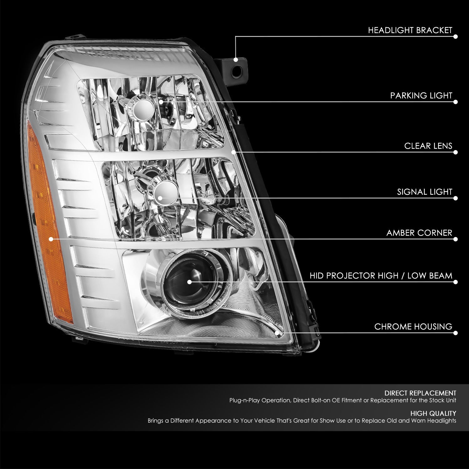 Factory Style Projector Headlight (Right) <br>07-09 Cadillac Escalade