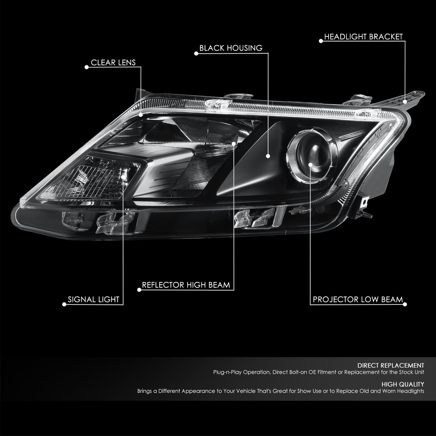 Factory Style Projector Headlight (Left) <br> 10-12 Ford Fusion