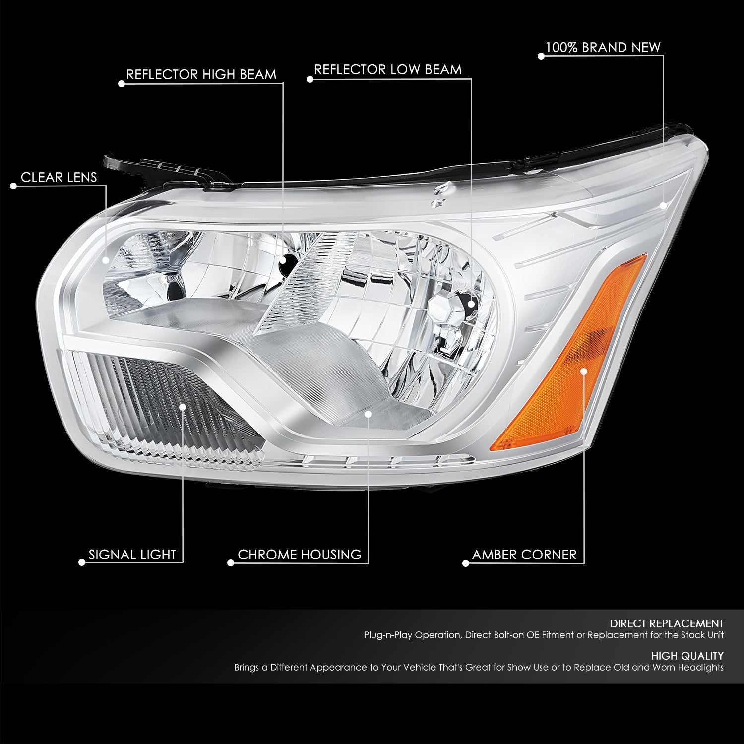 Factory Style Headlight (Left) <br> 15-23 Ford Transit 150, 250, 350