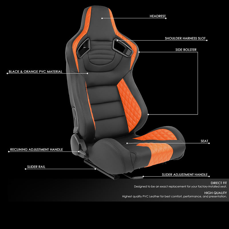 Orange Quilted Pattern Padded Racing Seat <BR>21 X 22 X 38 In. Overall Dimensions