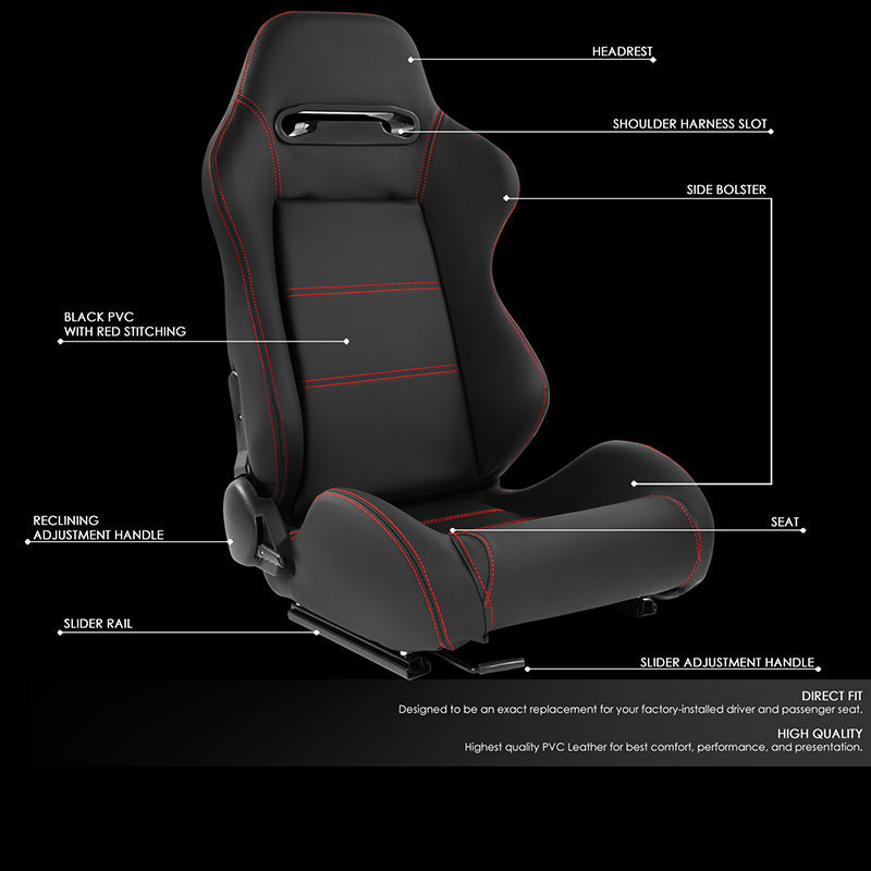 Black Vinyl Red Stitching Racing Seat <BR>21.5 X 22 X 36 In. Overall Dimensions