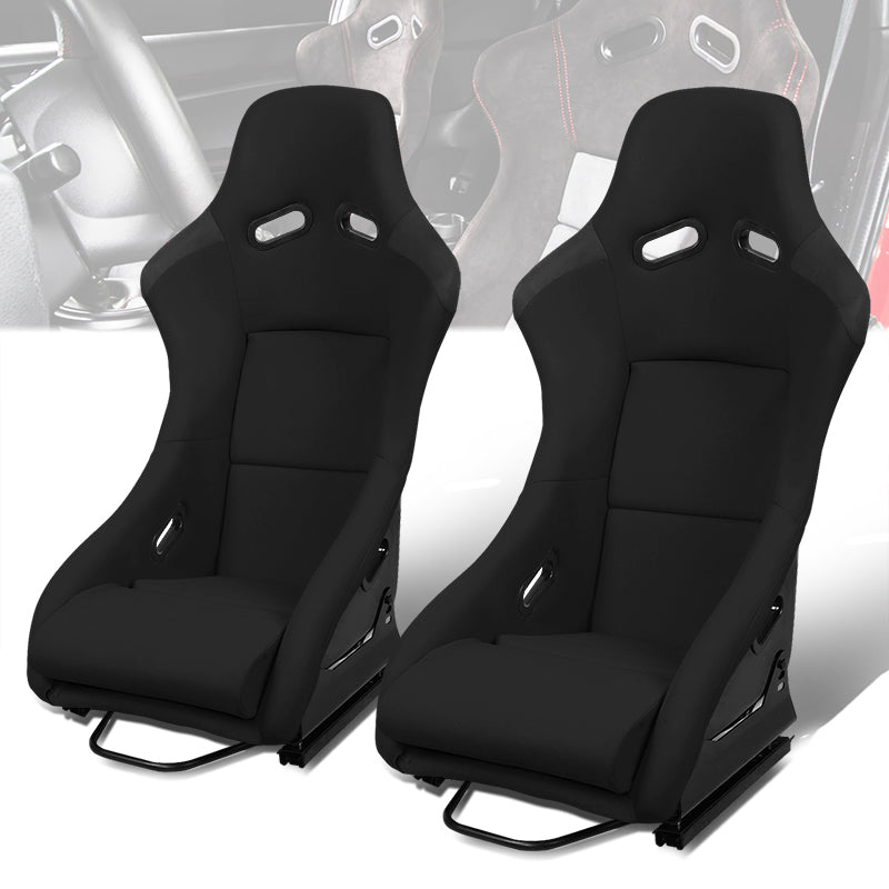 2Pcs Black Woven Fabric Fiberglass Fixed Position Racing Bucket Seats