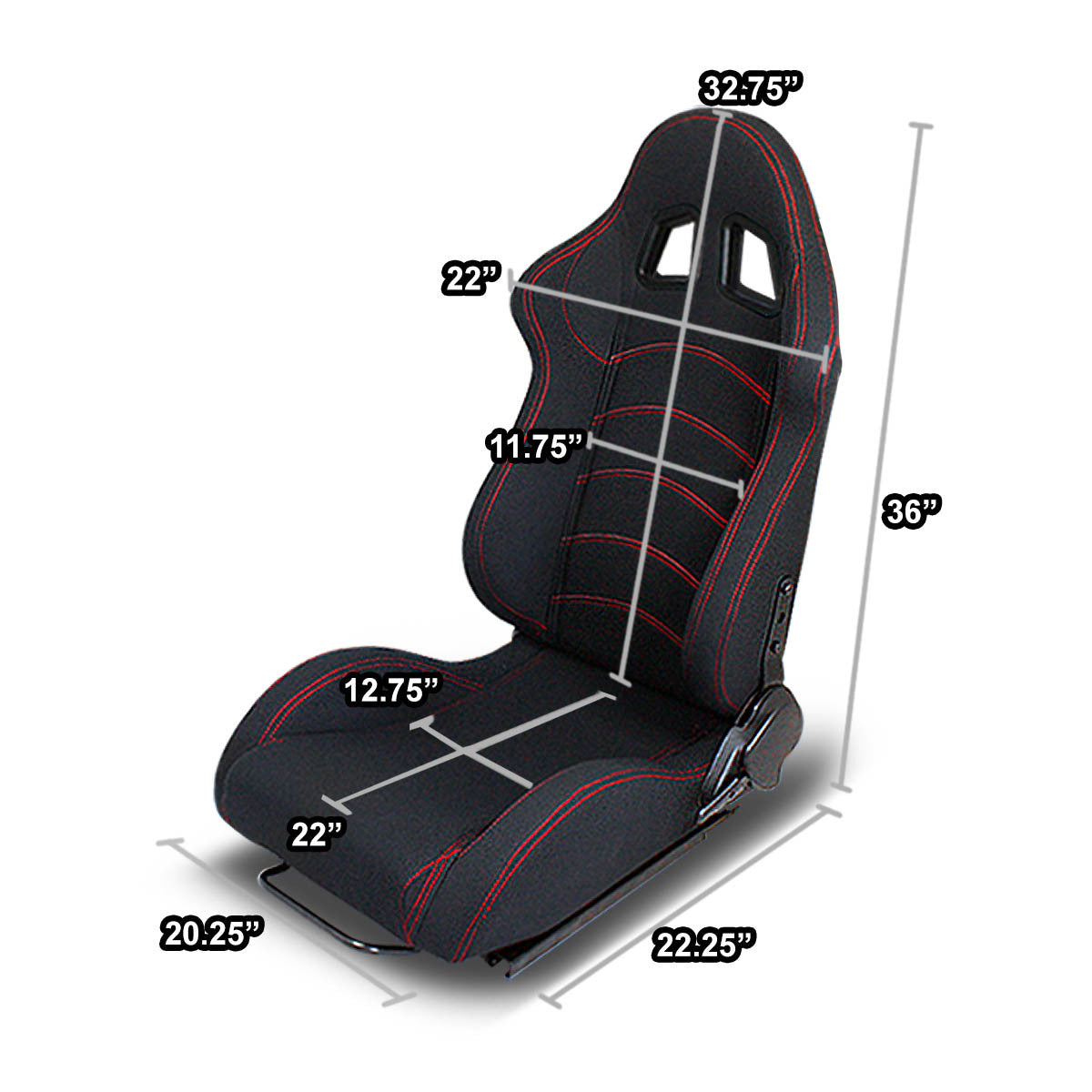 Left / Driver Side Reclinable Red Stitch Woven Upholstery Cloth Racing Seat w/Slider